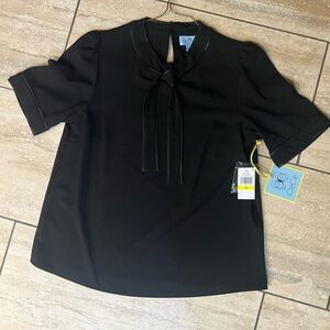 CeCe Black Tie Front Boxy Blouse with Mandarin Collar